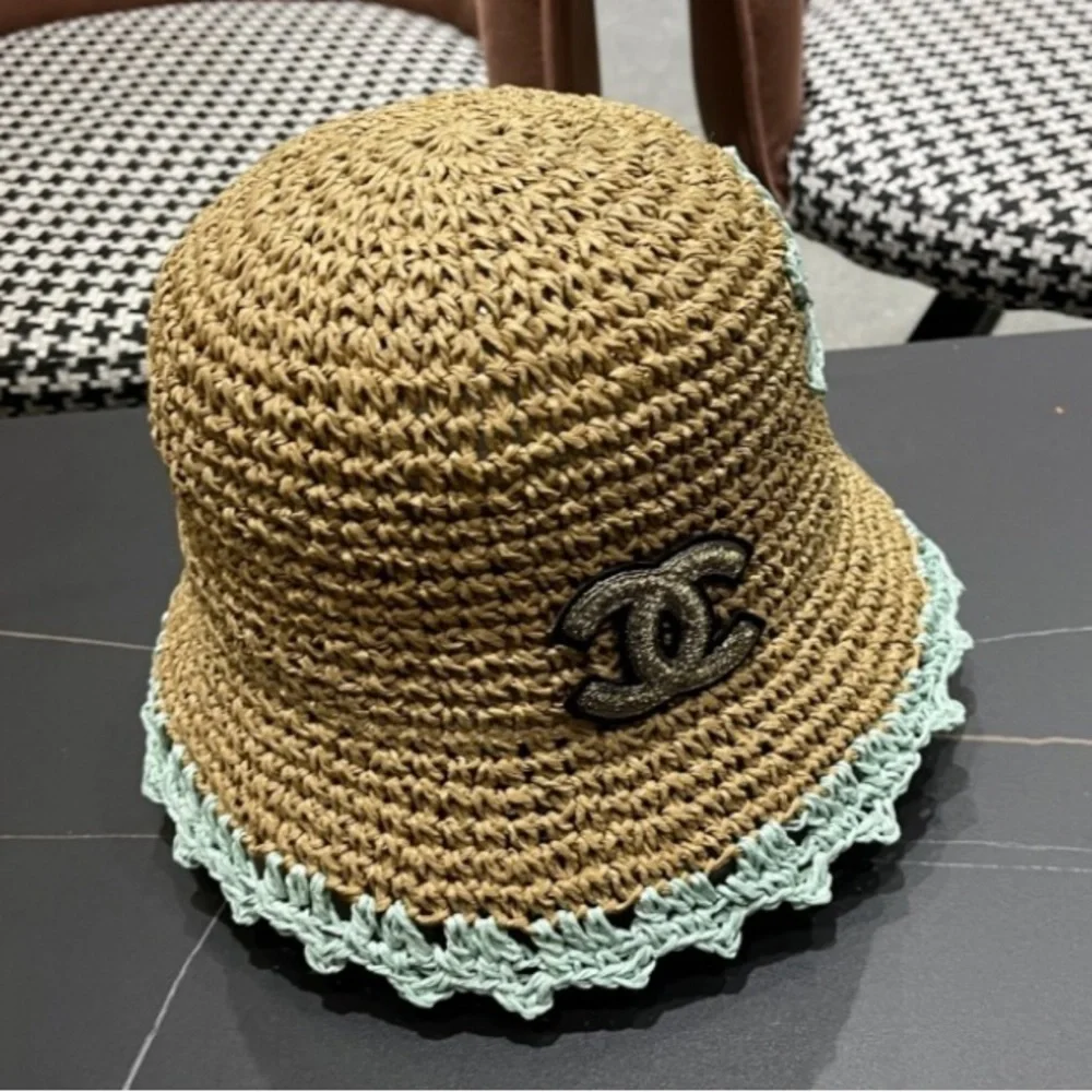 Chanel Kids Straw Hat with Black and Mint Accents